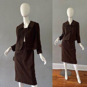 Deadstock RARE Vintage 50s Brown Wool 2 Pc Crop Suit Jacket Skirt XS NWT